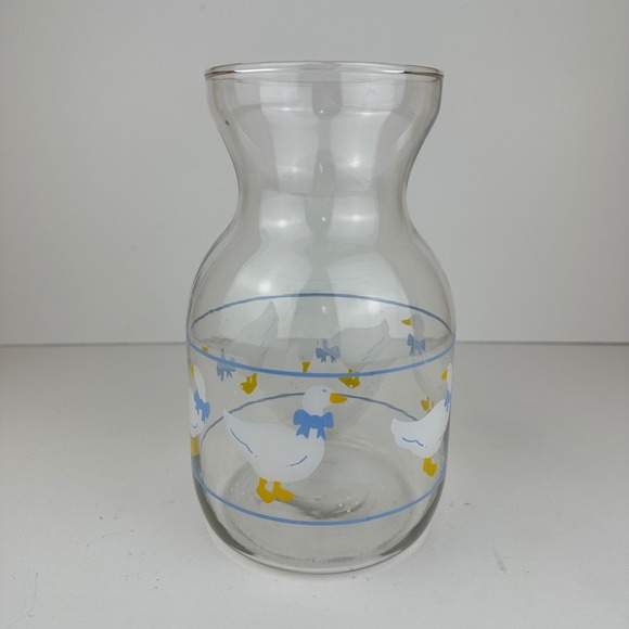 Other - Vintage Clear Glass Goose Carafe Vase Blue Bow White Geese Cottagecore Farmhouse